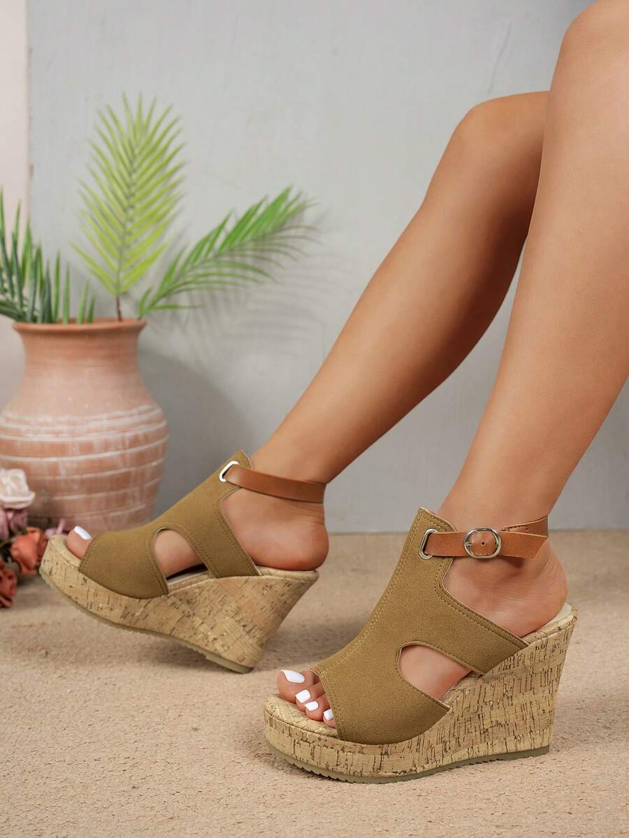 Giày cao gót đế xuồng đế dày bằng da lộn cho nữ, thiết kế hở ngón và quai mắt cá chân, thường ngày mùa hè - màu nâu - Xem 1