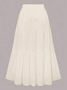 Women Solid Color Simple Versatile Ruffle Hem Skirt - Beige - View 2