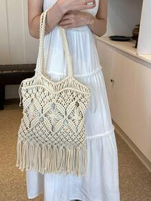 2025 Handmade Hollow-Out Woven Fringe Shoulder Bag, Boho Style Large Capacity Commuter Bag, Spring-Summer Outfit Complement For Free And Relaxed Vibe