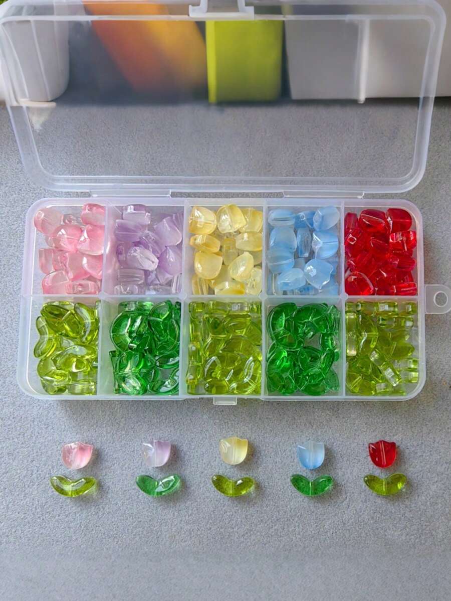 100pcs Tulip Flowers And Leaves Glass Beads For Jewelry Making Spacer Beads Kit Set For DIY Bracelets, Necklaces, Earrings, Bags, Phone Charms, Car Charms, Etc