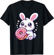 Kawa Happy Bunny With Pink Donut Cute Pastel Cartoon Art Soft T-Shirt - 黑色 - 查看 1