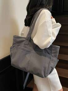 Women Corduroy Multifunctional Tote Bag | Stylish Large Capacity Backpack For High School College Students, Literary School Bag & Bookbag For Women Or Students, Perfect For Books, Shopping, Back To School And More - Light Grey - View 1