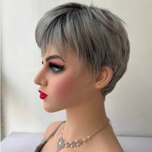 Short Layered Pixie Cut Dark Roots Gray Synthetic Hair Wigs Mom's Daily Soft And Healthy Heat-Resistant Synthetic Wig - Suitable For Daily Wear, Party Role-Playing, Halloween - 銀色 - 查看 5
