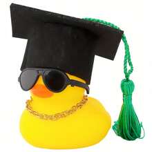 1 قطعة بطة مطاطية للتخرج QuackyFun مزينة بقبعة ونظارات وأوشحة وشرابة - ديكور مركبة مطاطي غير قابل للصفير - للهواة والخريجين - هدية تخرج مثالية