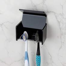 Toothbrush Holder Wall Mounted With Cover For Bathroom, 2 Slots Toothbrush Storage Organizer For Shower, Self Adhesive Toothbrush Hanger Rack For Dorm, Cabinet (White) - 黑色 - 查看 5