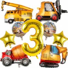 Set de 6 Globos con Temática de Ingeniería, Incluyendo Globos Grandes de Excavadora, Globos Redondos de Construcción, Globos Dorados en Forma de Estrella, y Globos Dorados Números del 1 al 6 de 32 Pulgadas, Adecuado para Decoración de Fiesta de Cumpleaños