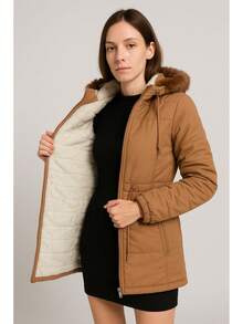 Women's Double-Sided Plush Parka Jacket With Removable Hood Pockets Casual Elegant Coated Fabric 2-In-1 Pocket Daily Travel Brunch Airport Outfits - Màu nâu  Mocha - Xem 6
