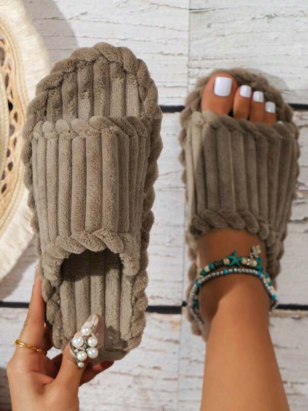 Pantoufles d'intérieur minimalistes mode nouvelle en velours côtelé, chaussures d'intérieur souples à enfiler avec orteils ouverts et doux confort en peluche