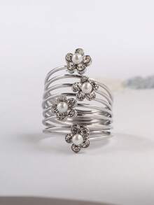 1 pieza Anillo chapado en oro con diseño de flor hueca de estilo chino vintage, diseño único, anillo abierto versátil y lujoso (color del cristal aleatorio) - Amarillo Oro - Ver 10