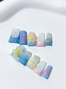 10 peças de unhas de verão estilo bico de pato azul praia oceano unhas francesas feitas à mão, com frangipani rosa, estrela do mar, concha, decoração de pérolas, frangipani azul, glitter prateado; suprimentos para unhas, unhas caseiras, unhas postiças de acrílico faça você mesmo; adequadas para feriados, festas, uso diário; inclui 1 folha de cola gelatinosa e 1 mini lixa