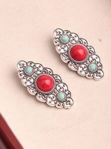 1pc Oval Agate Decor Antique Silver Floral Line Design Hair Clip For Women, Suitable For Bangs Hairstyling On Various Occasions
