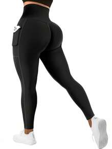 1pc Women High Waist Elastic Sports Yoga Pants, Pocket Button Decor, Solid Color Skinny Cropped Tights, Black, Suitable For Outdoor, Cycling, Running, Tennis