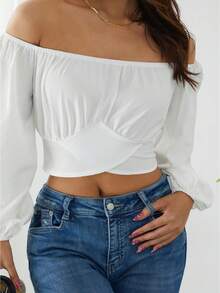 Womens Off Shoulder Crop Tops, Long Sleeve Solid Color Tie Knot Back Ruched T-Shirts - Beige - View 1