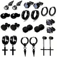 22件男士耳环套装，朋克耳环套装，不锈钢耳环，不锈钢耳环，男士耳钉，时尚穿孔珠宝，男士耳钉戒指，日常佩戴耳环 - 耳環耳環套裝 - 查看 1