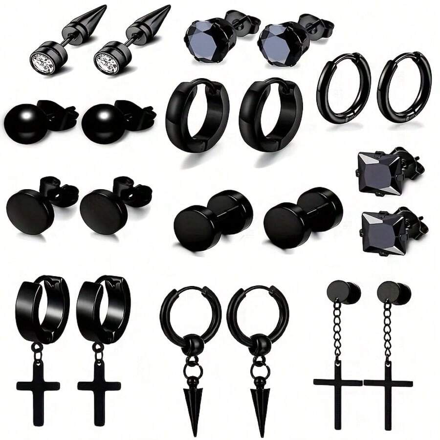 22件男士耳环套装，朋克耳环套装，不锈钢耳环，不锈钢耳环，男士耳钉，时尚穿孔珠宝，男士耳钉戒指，日常佩戴耳环 - 耳環耳環套裝 - 查看 1