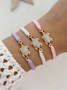 1pc Purple Couples Metal Minimalist Rhinestone Sea Turtle Braided Bracelet