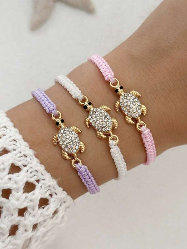 1pc Pink Metal Studded Minimalist Turtle Braided Couple Bracelet