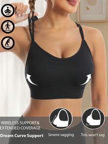 1件无缝高弹交叉运动文胸，适合瑜伽、跑步、健身，优雅纯色瑜伽配饰，时尚运动服，耐穿运动服，女士内衣 - 黑色 - 查看 7