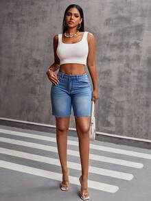 Women's Solid Color Frayed Hem Zipper Pocket Casual Denim Shorts - Light Wash - View 6