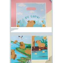 30/50/100pcs-Capybara Pattern Tote Bags, Cartoon Gift Bags, Cute Animal Theme Plastic Shopping Bags, Durable Plastic Gift Bags With Handles, Suitable For Baptismal Party Supplies, Birthday Party Packaging Bags, Anniversary Party Decoration