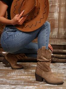 Bottes mi-mollet plissées rétro pour femmes à enfiler, bottines western cowgirl courtes