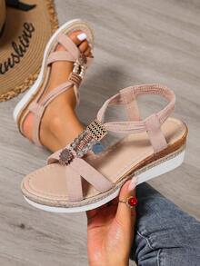 复古女士坡跟厚底凉鞋，5.5厘米鞋跟，波西米亚风格黑色串珠绳底，2025年夏季海滩度假