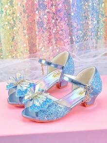 女童时尚蓝色蝴蝶结水晶高跟凉鞋，学生公主鞋