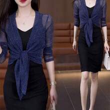 1pc Summer Metallic Yarn Sheer Mesh Bolero Cropped Cardigan, Stretch Lace Lightweight Sun Protection Outerwear, Plus Size For Dress - Multicolor - View 8