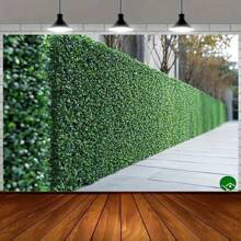 2D-Banner - 1 Stück gefälschter grüner Baumzaun Hintergrund mit Bäumen und Betonweg, hergestellt aus realistischem Polyesterstoff, geeignet für Geburtstagsfeiern, Outdoor-Feiern, Festivals - keine Stromversorgung nötig, einfache Installation, Partydekoration, natürliches Aussehen, langanhaltend Dekoration
