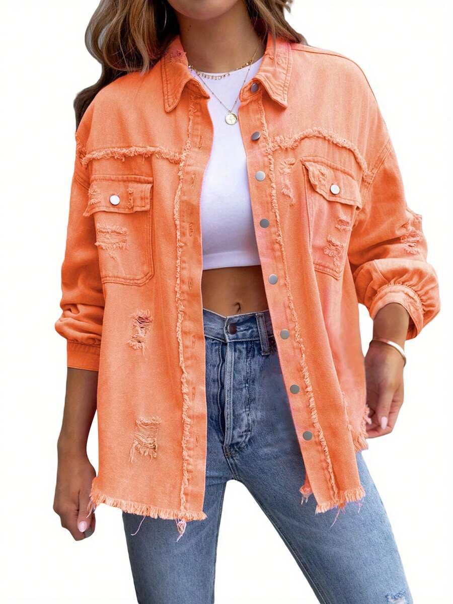 Women's Ripped Distressed Denim Jacket Long Sleeve Button Down Boyfriend Jean Coat Trucker Jacket - Orange - View 1