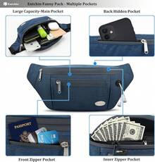Entchin Fanny Pack Women Men,Crossbody Belt Bag With 4-Zipper Pockets,Adjustable Waist Bag Pack,One Of Most Popular Travel Essential Gifts Walking,Traveling,Cycling - 藍色 - 查看 5