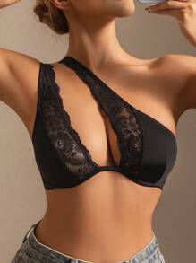 1pc Women Solid Color Lace Trim Padded Shoulder Strap Comfortable Bra
