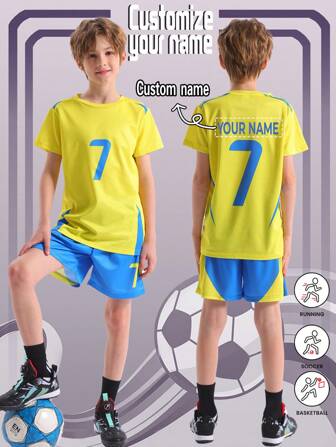 Set de 2 piezas con camiseta y pantalón corto de entrenamiento deportivo de secado rápido, talla 7, diseño de Ronaldo, adecuado para fútbol, deportes, uso casual, personalización de nombre