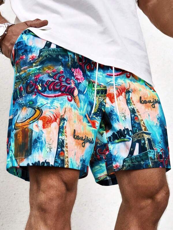 Men's Summer Fashionable Colorful Allover Print Loose Straight Leg Drawstring Shorts, Casual, Versatile, Sports