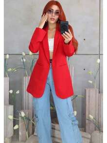 Blazer largo elegante estilo diario con solapa clásica y bolsillos funcionales - Rojo - Ver 1