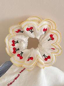 1 件缎面发圈，带刺绣樱桃图案，女孩发饰马尾辫夹，不伤发带，大号