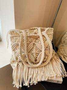 2025 Handmade Hollow-Out Woven Fringe Shoulder Bag, Boho Style Large Capacity Commuter Bag, Spring-Summer Outfit Complement For Free And Relaxed Vibe