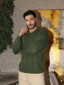 Men's Knitted Sweater Top Chic High Quality Textured Autumn Winter Long Sleeve - xanh quân đội - Xem 2