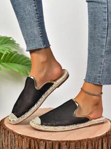 Women's Fashion Flat Woven Straw Shoes, Spring/Summer New Fisherman Shoes, Black Flat Slip-On Shoes With Rope Sole