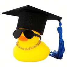 1 قطعة بطة مطاطية للتخرج QuackyFun مزينة بقبعة ونظارات وأوشحة وشرابة - ديكور مركبة مطاطي غير قابل للصفير - للهواة والخريجين - هدية تخرج مثالية