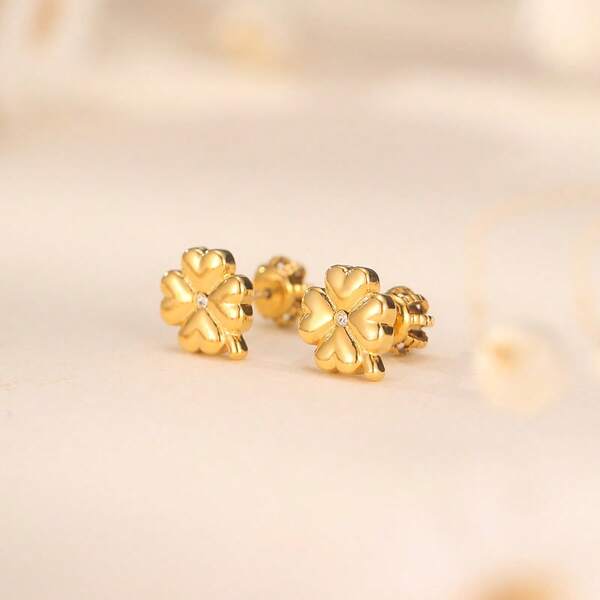 1 Par de Brincos de Pino Minimalistas e Elegantes de Trevo Dourado, Adequado para Mulheres, Doce e Elegante para Festa, Jóia, Acessório de Alta Qualidade, Presente para Namorada, Brinco de Luxo, Presente da Sorte