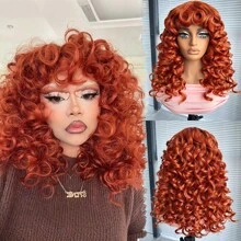 Parrucca riccio lungo sintetica da donna, 18 pollici, riccio afro con frangia, colore rosso zenzero, morbida e voluminosa, senza colla, adatta per cosplay e uso quotidiano