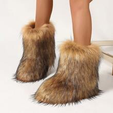 Botas de Cano Médio Antiderrapantes e Quentes para Inverno Femininas, Botas de Neve Fashion Vintage Personalizadas, Estilo Y2K em Falso Pelo de Vison/Raposa, Botas de Neve de Cano Médio com Plataforma Baixa, Botas de Inverno Felpudas e Peludas para Mulheres - Caramelo - Visão 3