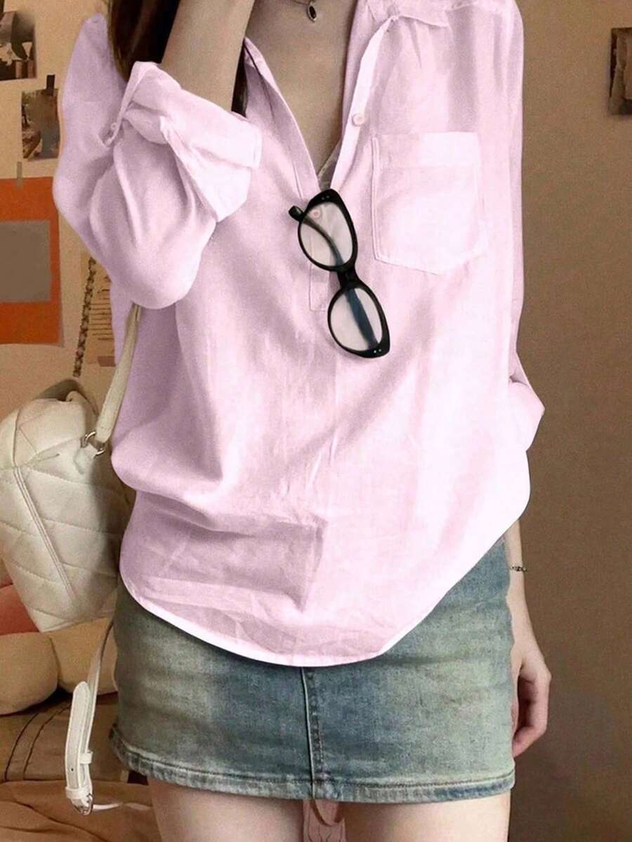 法式白色长袖轻薄防晒衬衫，时尚精致的女士夏季新品 - 藕粉色 - 查看 1