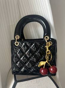 1 pieza Bolso de mano de piel de PU, bolso de color rojo vino, bolso de tote acolchado de piel de patente versátil, bolso pequeño estructurado, bolso de hombro y bandolera de moda, cartera con patrón geométrico