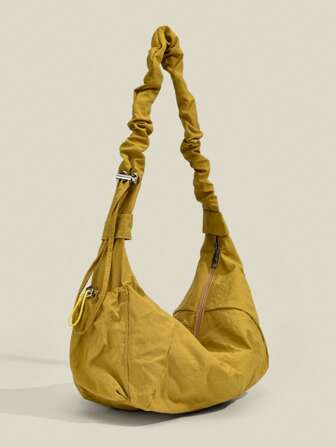 1pc Nylon Multi-Pocket Pleated Drawstring Crossbody/Shoulder Bag For Women, Casual Soft Slouchy Versatile Hobo Bag