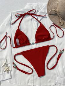 Women's Fashionable Sexy Solid Color Swimsuit Set - Red - View 4