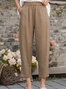 Pantalones/Pantalones capri de lino unicolor cómodos y casuales para mujer, aptos para uso diario, con cintura elástica, botón y bolsillos, para primavera, verano y otoño