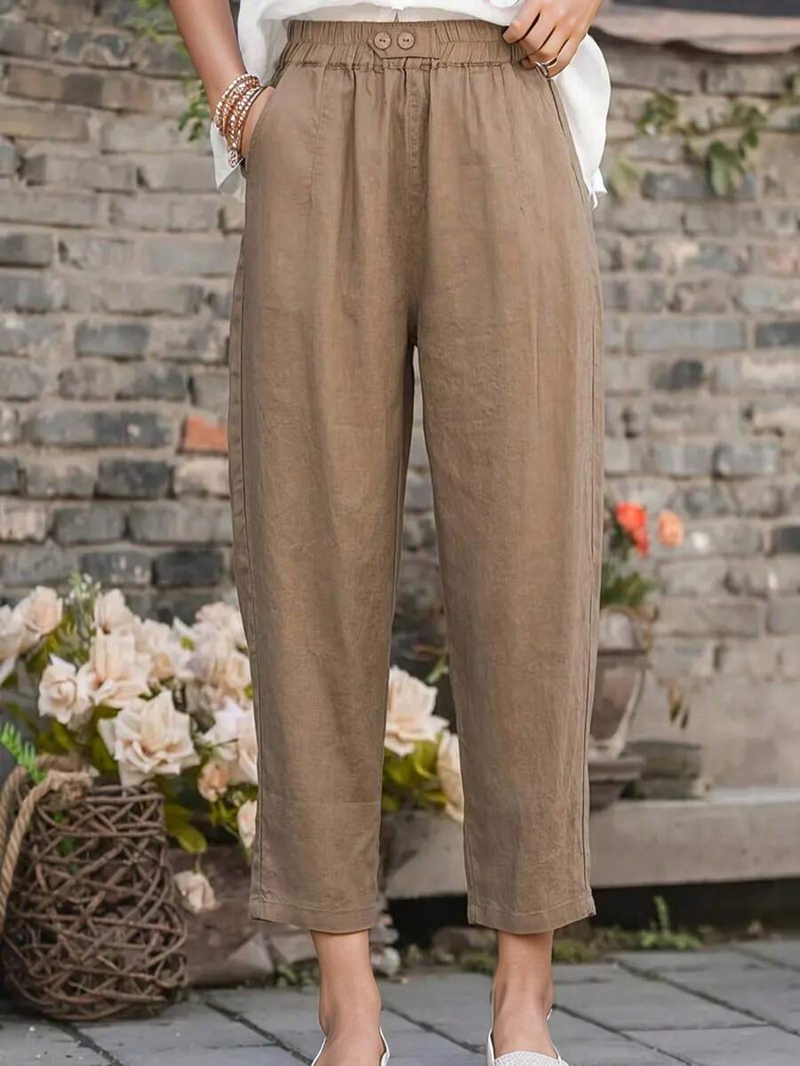 女士春夏秋季休闲舒适纯色亚麻七分裤/长裤，松紧腰身，纽扣和口袋，适合日常穿着 - 卡其色 - 查看 1