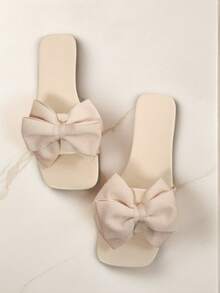 女士时尚平底方头一脚蹬凉鞋，百搭女士夏季沙滩拖鞋，防滑底 - 米色 - 查看 5